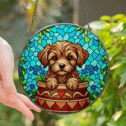 Puppy Lovers' Tiffany Stained Glass Fluffy Puppy Forget-Me-Not Garden Mosaic Art Teal Blue Green Stained Glass Suncatcher