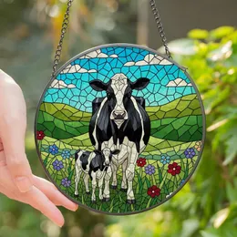 Farm Animal Lovers' Intricate Tiffany Style Stained Glass Holstein Cow Calf Geometric Wildflower Mosaic in Jewel Tones Stained Glass Suncatcher