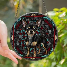 Chihuahua Lovers' Stained Glass Dog Art High Contrast Amber Teal Red Geometric Mosaic Stained Glass Suncatcher