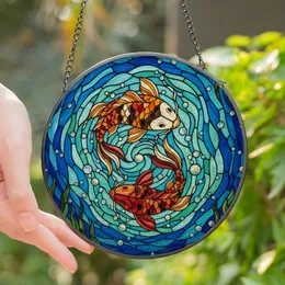 Stained Glass Art Enthusiasts' Detailed Koi Fish Orange Red Jewel Tone Aquatic Mosaic Stained Glass Suncatcher