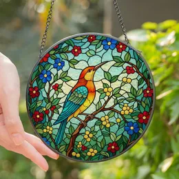 Nature Lovers' Tiffany Style Stained Glass Vibrant Bird & Garden Mosaic, Teal Orange Yellow Jewel Tones Stained Glass Suncatcher