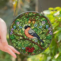 Art & Nature Lovers' Stained Glass Bullfinch Peach Grey-Blue Forest Mosaic Stained Glass Suncatcher