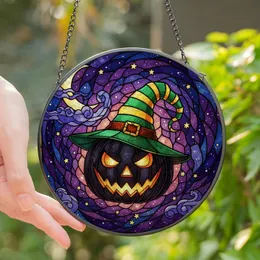 Halloween Lovers' Tiffany Style Black Jack-o'-Lantern Witch Hat Starry Night Mosaic Stained Glass Suncatcher