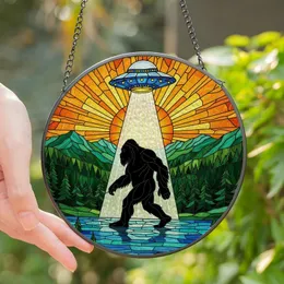 Bigfoot & UFO Fans' 8K Tiffany Stained Glass Sasquatch Silhouette Lake Mountain Jewel Tones Stained Glass Suncatcher