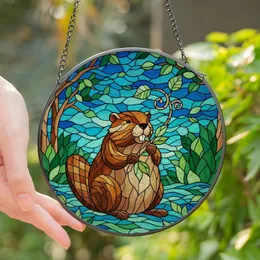 Nature Lovers' Tiffany Stained Glass Beaver Woodland Mosaic Rich Browns Amber Greens Stained Glass Suncatcher