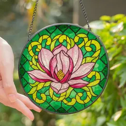 Art Enthusiasts' Pink Magnolia Stained Glass Emerald Geometric Jewel Tone Design Stained Glass Suncatcher