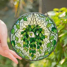 Plant Lovers' Vibrant Stained Glass Cascading Houseplant Design, Tiffany Style Jewel Tones Green Blue Yellow Stained Glass Suncatcher