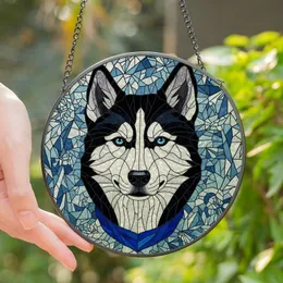 Husky Lovers' Stained Glass Husky Portrait Tiffany Style Geometric Winter Mosaic Black White Blue Gray Jewel Tones Stained Glass Suncatcher