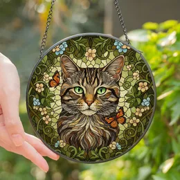 Cat Lovers' Stained Glass Tabby Cat Green Eyes Tiffany Mosaic Vines Floral Jewel Tones Stained Glass Suncatcher