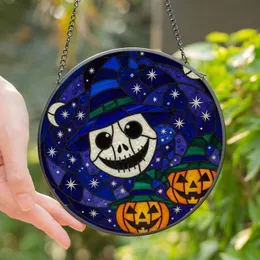 Halloween Lovers' Whimsical Stained Glass Skull Jack-O'-Lantern Blue Orange Green Mosaic Stained Glass Suncatcher