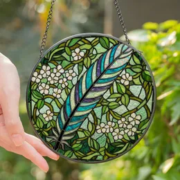 Nature Lovers' Iridescent Feather Tiffany Stained Glass Teal Violet Green Foliage Mosaic Stained Glass Suncatcher