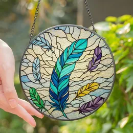 Art Lovers' Vibrant Aqua Blue Stained Glass Feather & Jewel Tone Sky Mosaic Stained Glass Suncatcher