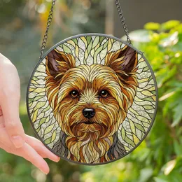 Yorkie Lovers' Intricate Stained Glass Yorkshire Terrier Mosaic Golden Yellow Green Lavender Stained Glass Suncatcher