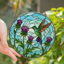 Nature Lovers' Iridescent Hummingbird Thistle Tiffany Stained Glass Purple Pink Green Jewel Tone Mosaic Stained Glass Suncatcher