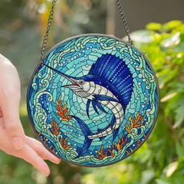 Ocean Lovers' Vibrant Tiffany Style Stained Glass Sailfish Ocean Mosaic Royal Blue Aquamarine Coral Art Stained Glass Suncatcher