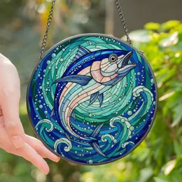 Coastal Lifestyle Fans' Vibrant Tiffany Stained Glass Tuna Leaping Ocean Currents Teal Blue Pink Mosaic Stained Glass Suncatcher