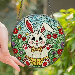 Whimsical Art Lovers' Tiffany Stained Glass Intricate Spring Bunny Red Yellow Polka Dot Floral Meadow Stained Glass Suncatcher