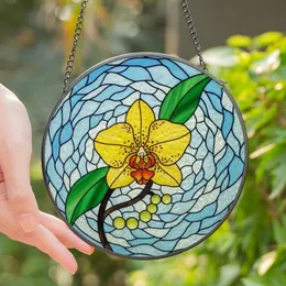 Art Lovers' Radiant Yellow Orchid Stained Glass Mosaic with Emerald Leaves & Sky Blue Swirls Stained Glass Suncatcher