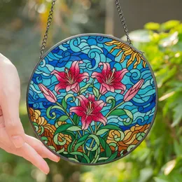 Art Lovers' Vibrant Pink Lily Tiffany Stained Glass Floral Emerald Sky Mosaic Stained Glass Suncatcher