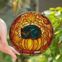 Cat Lovers' Amber Teal Stained Glass Feline Pumpkin Book Leaf Mosaic Stained Glass Suncatcher