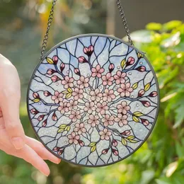 Stained Glass Art Lovers' Tiffany Cherry Blossom Jewel Tone Mosaic Pink Blue Lavender Stained Glass Suncatcher