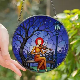 Art Lovers' Intricate Stained Glass Violinist Deep Red Amber Blue Twilight Mosaic Stained Glass Suncatcher