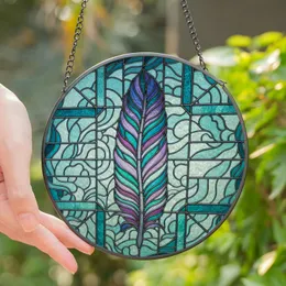 Art Lovers' Glowing Teal Aqua Purple Feather Stained Glass Mosaic Pattern Stained Glass Suncatcher