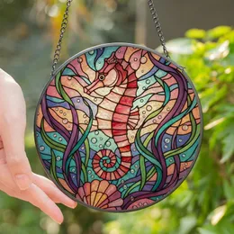 Ocean Lovers' Tiffany Stained Glass Iridescent Pink Seahorse Teal Orange Purple Mosaic Stained Glass Suncatcher