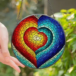 Art Lovers' Glowing Tiffany Glass Heart Mosaic Swirl Yellow Orange Red Teal Indigo Stained Glass Suncatcher