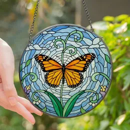 Nature Lovers' Vibrant Tiffany Glass Monarch Butterfly Orange Black Jewel Tones Sky Blue Emerald Green Floral Mosaic Stained Glass Suncatcher