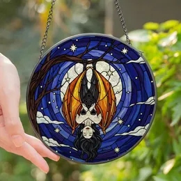 Gothic Art Lovers' Intricate Stained Glass Bat Ruby Amber Moonlit Night Edge-to-Edge Design Stained Glass Suncatcher