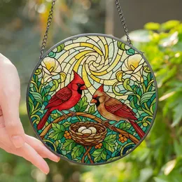 Nature Lovers' Tiffany Style Glowing Stained Glass Cardinals Nest Mosaic Fiery Red Orange Green Cream Stained Glass Suncatcher