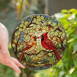 Nature Lovers' Vibrant Stained Glass Cardinal Pair Feeding Berries, Tiffany Style Intricate Mosaic Garden, Jewel Tones Stained Glass Suncatcher