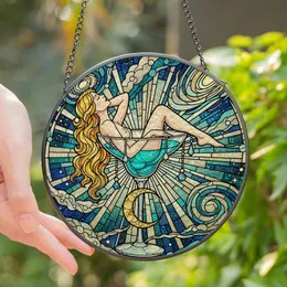 Cosmic Dreamers' Iridescent Stained Glass Woman Teal Cocktail, Golden Moon Fantasy Art Stained Glass Suncatcher