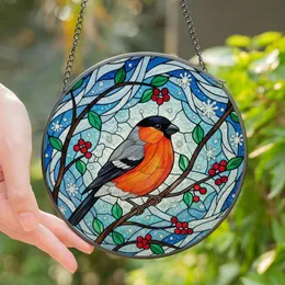 Nature Lovers' Glowing Tiffany Stained Glass Bullfinch Bird Ruby Berries Winter Mosaic Stained Glass Suncatcher