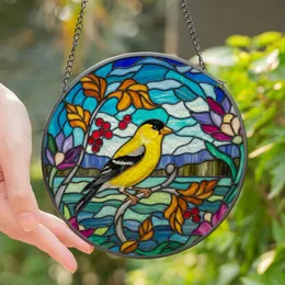 Bird Lovers' Vibrant Tiffany Stained Glass American Goldfinch Brilliant Yellow Jet Black Amber Crimson Intricate Mosaic Stained Glass Suncatcher