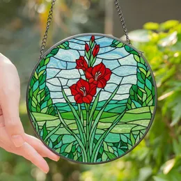 Art Lovers' Vibrant Red Gladiolus Tiffany Style Stained Glass Floral Mosaic in Lime Green, Aqua Blue Stained Glass Suncatcher