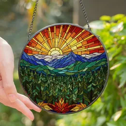 Nature Lovers' Radiant Stained Glass Sun Mountain Forest Landscape Jewel Tone Mosaic Pattern Stained Glass Suncatcher