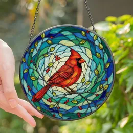 Nature Lovers' Vibrant Red Cardinal Tiffany Stained Glass Mosaic Art with Silver Branches, Translucent Jewel Tones, Blue Green Swirling Patterns Stained Glass Suncatcher