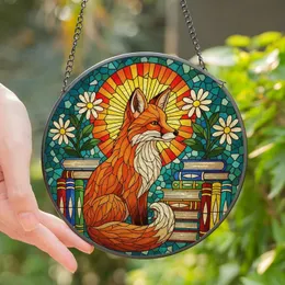 Nature & Book Lovers' Intricate Stained Glass Fox, Colorful Books & Daisies, Radiating Jewel Tone Mosaic Stained Glass Suncatcher