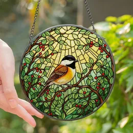Nature Lovers' Intricate Tiffany Stained Glass Songbird Amber Emerald Ruby Jewel Tone Forest Mosaic Stained Glass Suncatcher