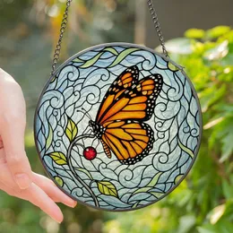 Art Lovers' Vibrant Orange Black Monarch Butterfly Stained Glass Tiffany Style Mosaic Blue Swirls Ruby Red Leaves Stained Glass Suncatcher