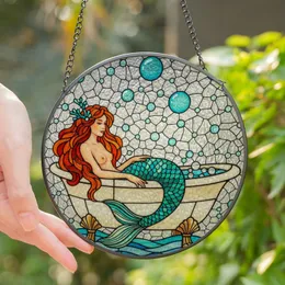 Fantasy Art Lovers' Tiffany Stained Glass Mermaid Bathtub Jewel Tone Teal Emerald Gold Mosaic Stained Glass Suncatcher