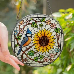 Nature Lovers' Stained Glass Tufted Bird Sunflower Emerald Blue Orange Floral Mosaic Pattern Tiffany Jewel Tones Stained Glass Suncatcher