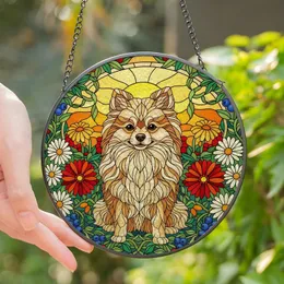 Dog Lovers' Tiffany Style Stained Glass Pomeranian Floral Mosaic Sunset Hues Pattern Stained Glass Suncatcher