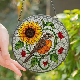 Nature Lovers' Vibrant Tiffany Stained Glass Robin, Sunflower & Berries Mosaic Stained Glass Suncatcher