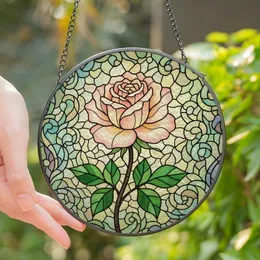 Women's Intricate Stained Glass Pink Rose Bloom, Emerald Leaves, Pastel Tiffany Mosaic Art Stained Glass Suncatcher