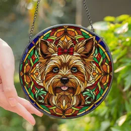 Yorkshire Terrier Lovers' Happy Yorkie Stained Glass Art, Amber Brown Jewel Tones, Red Bow, Intricate Geometric Mosaic Stained Glass Suncatcher