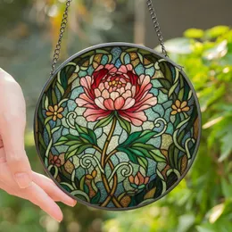 Women's Radiant Stained Glass Pink Rose Emerald Green Swirling Botanical Art Stained Glass Suncatcher