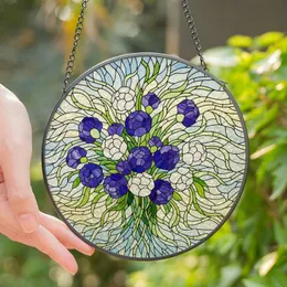 Art Lovers' Stained Glass Floral Bouquet Indigo White Amethyst Flowers Swirling Blue Yellow Mosaic Stained Glass Suncatcher
